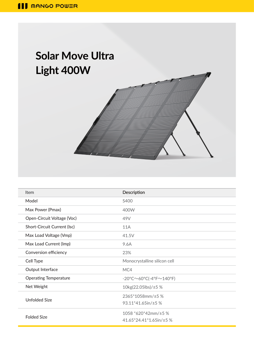 Solar Move Ultra Light 400 W datasheet